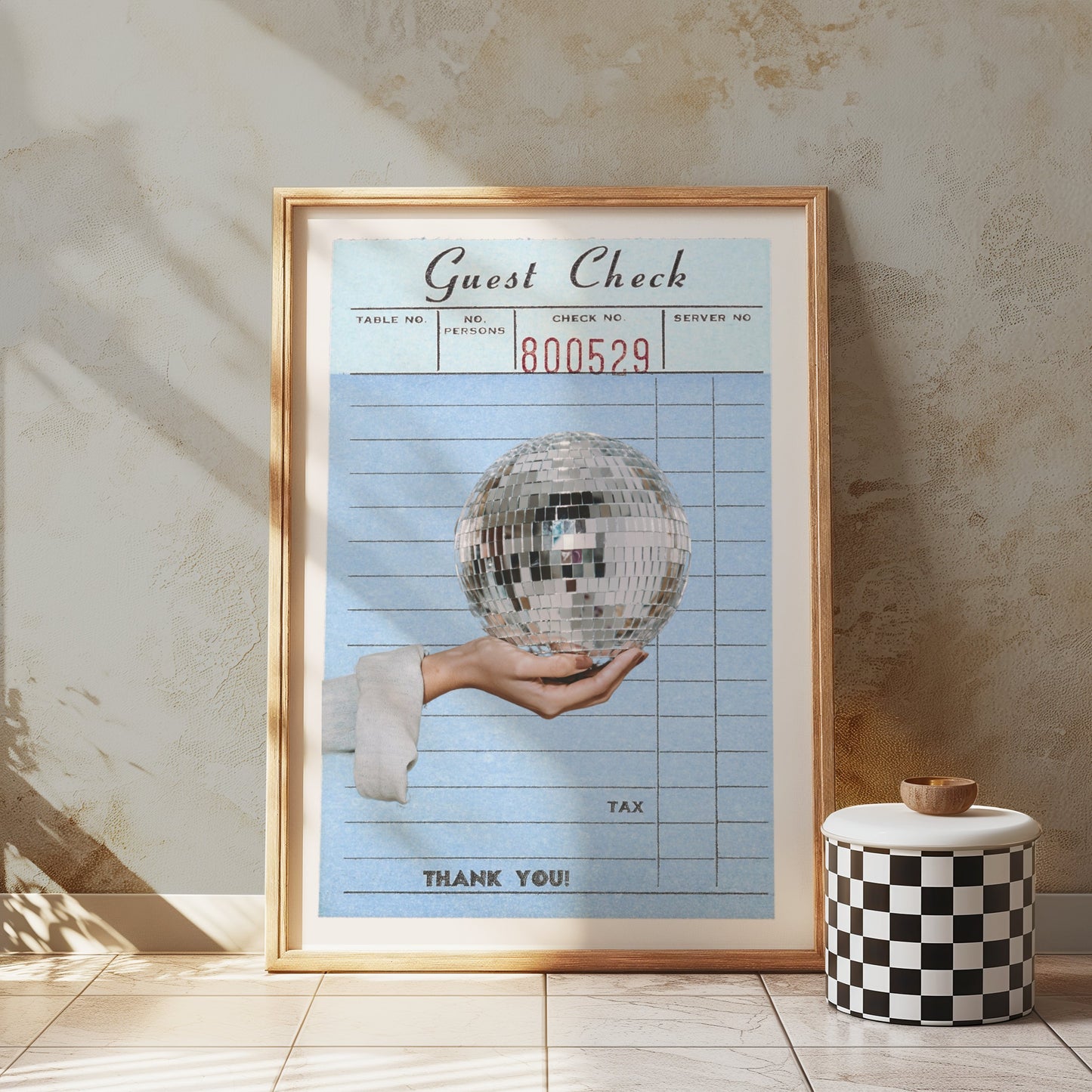 Premium Poster of Guest Check Art Hand Holding Disco Ball Posters