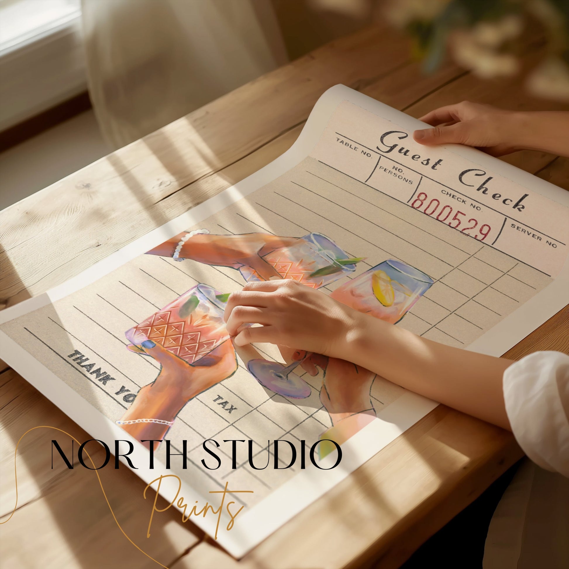 Premium Poster of Guest Check with Three Cocktails Illustrated Posters