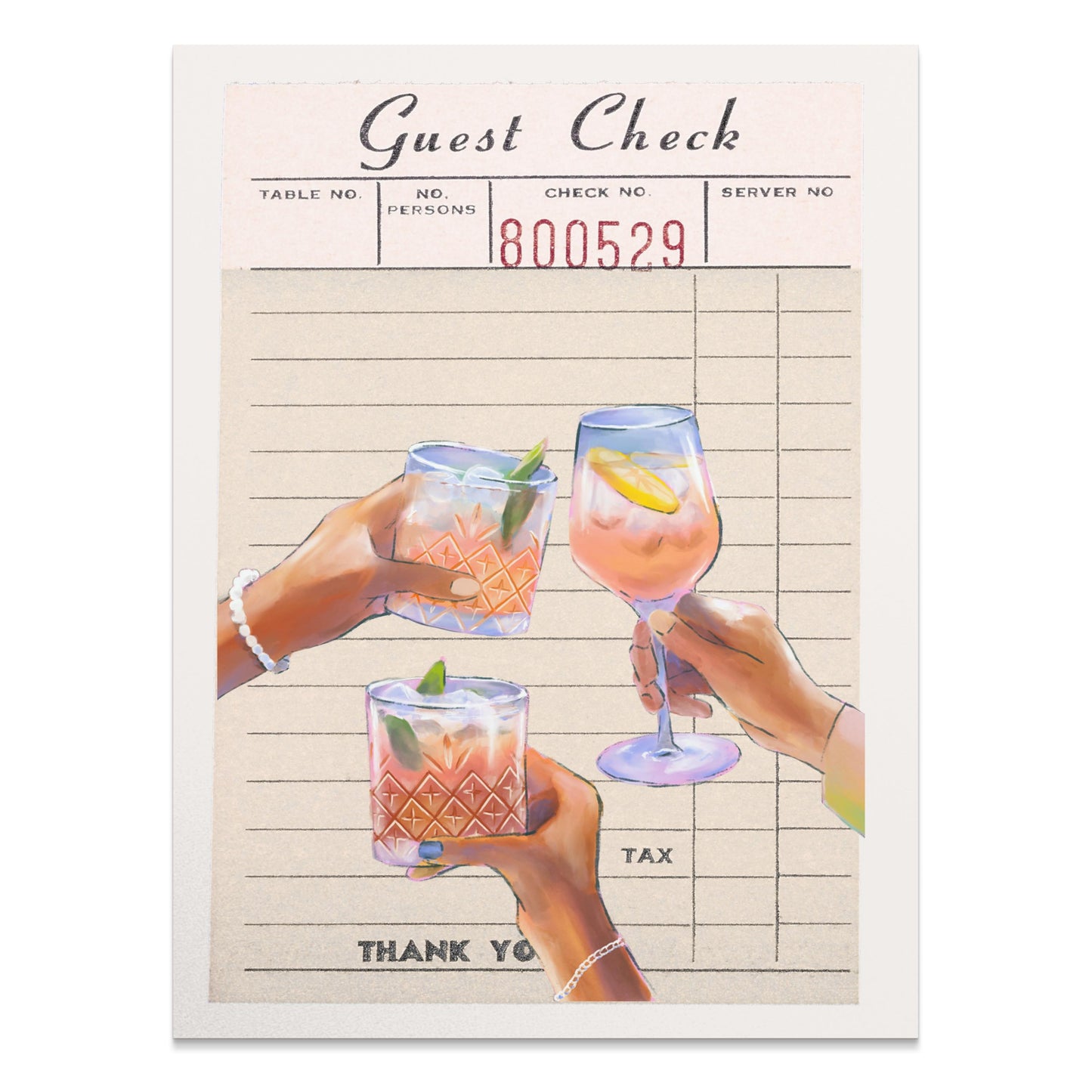 Premium Poster of Guest Check with Three Cocktails Illustrated Posters