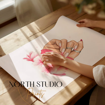 Premium Poster of Hand With Stylish Rings and Pink Flowers Posters
