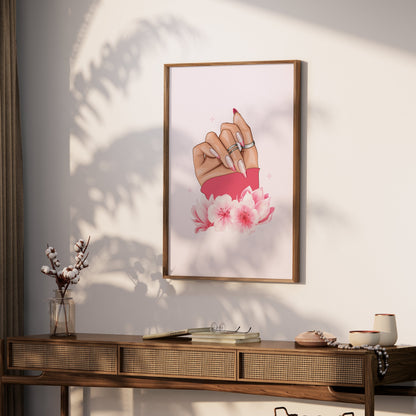 Premium Poster of Hand With Stylish Rings and Pink Flowers Posters