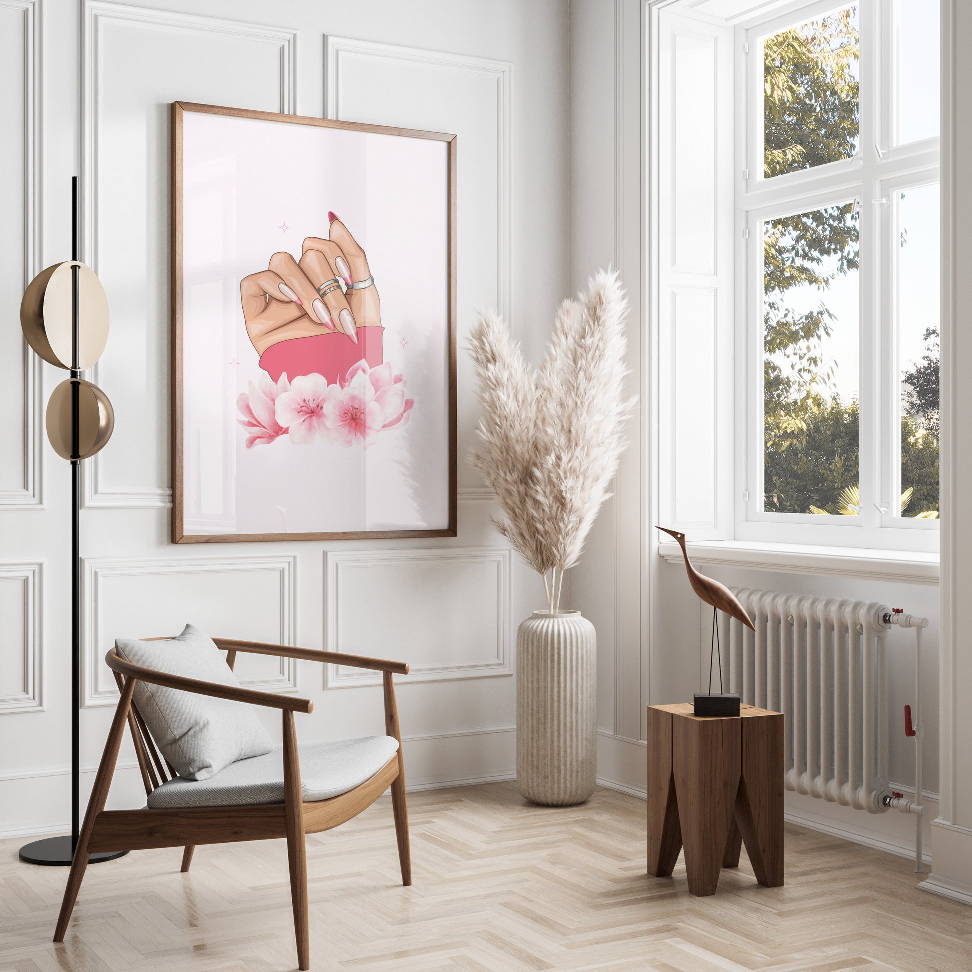 Premium Poster of Hand With Stylish Rings and Pink Flowers Posters