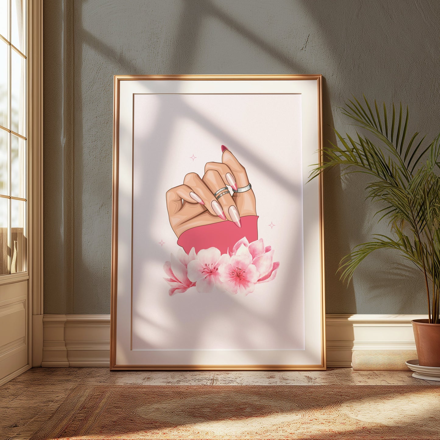 Premium Poster of Hand With Stylish Rings and Pink Flowers Posters