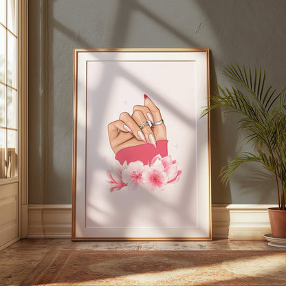 Premium Poster of Hand With Stylish Rings and Pink Flowers Posters