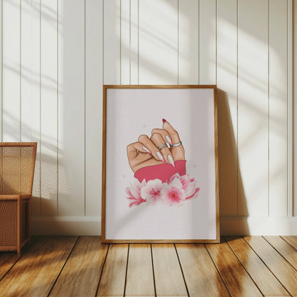 Premium Poster of Hand With Stylish Rings and Pink Flowers Posters