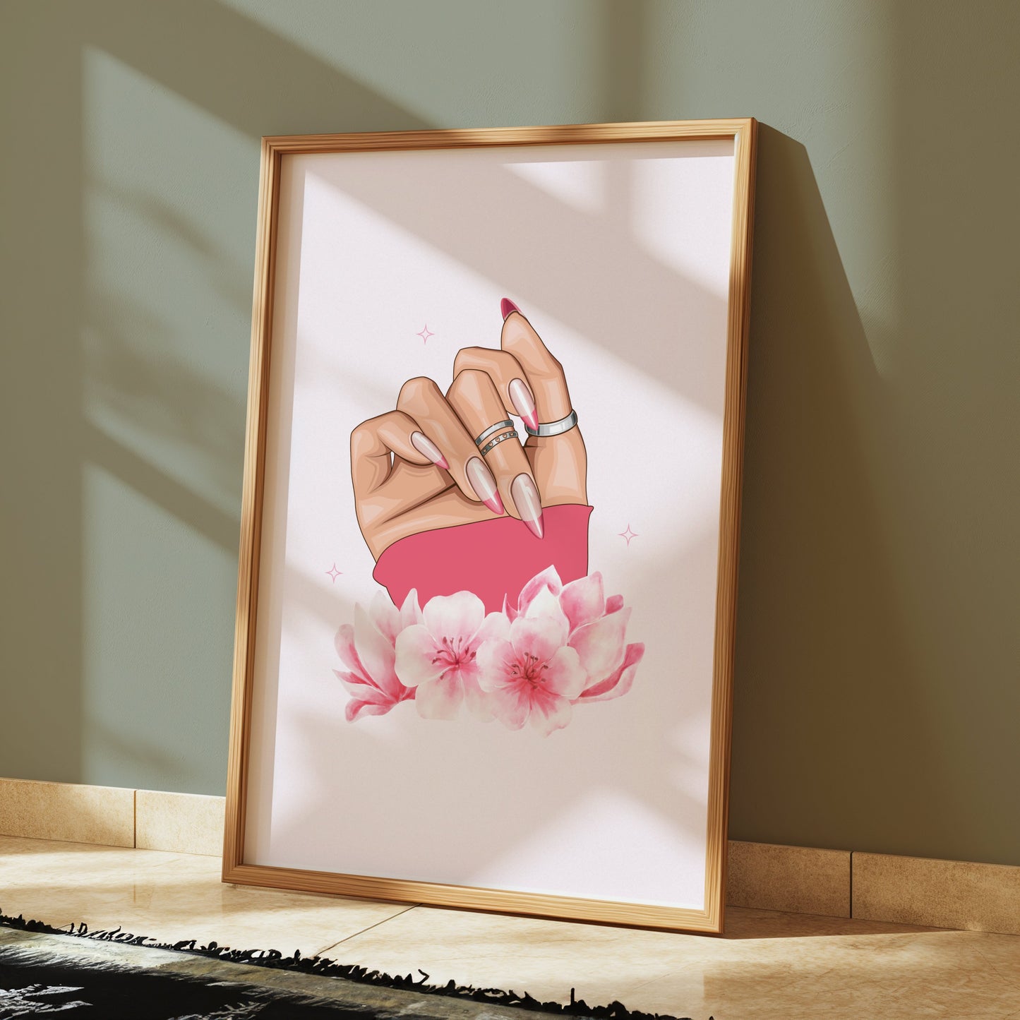 Premium Poster of Hand With Stylish Rings and Pink Flowers Posters