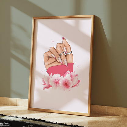 Premium Poster of Hand With Stylish Rings and Pink Flowers Posters