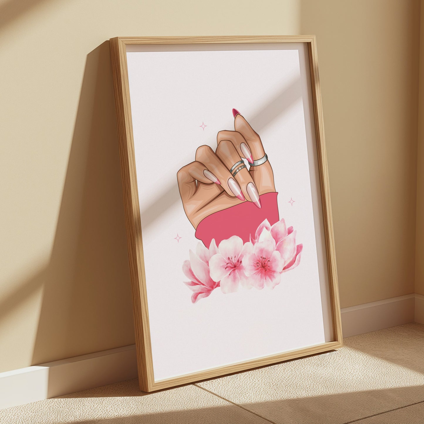 Premium Poster of Hand With Stylish Rings and Pink Flowers Posters