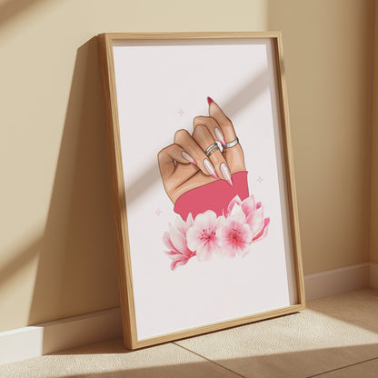 Premium Poster of Hand With Stylish Rings and Pink Flowers Posters