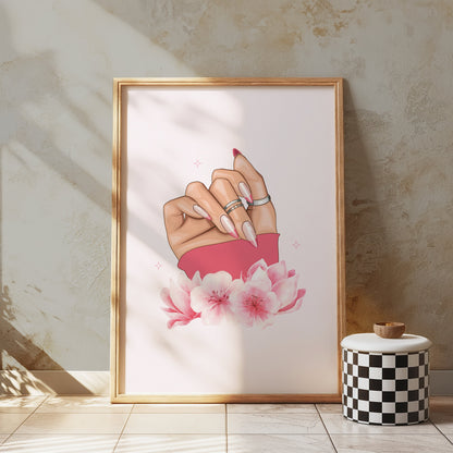 Premium Poster of Hand With Stylish Rings and Pink Flowers Posters