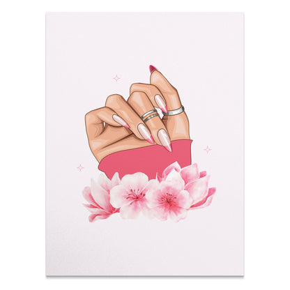 Premium Poster of Hand With Stylish Rings and Pink Flowers Posters