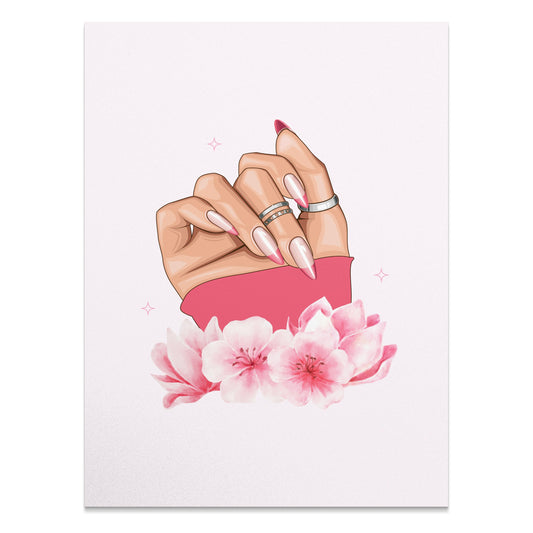 Premium Poster of Hand With Stylish Rings and Pink Flowers Posters