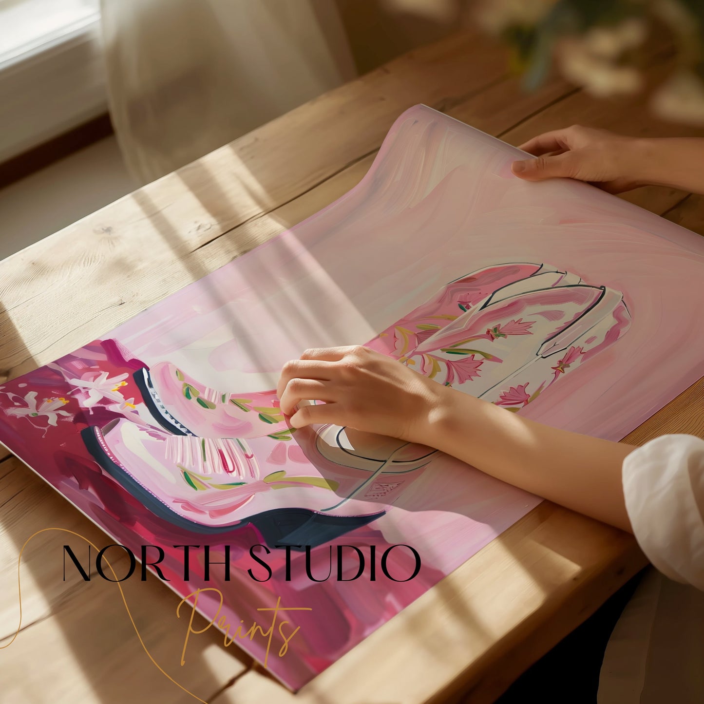 Premium Poster of Hand-painted Pink Cowboy Boots with Floral Design Posters