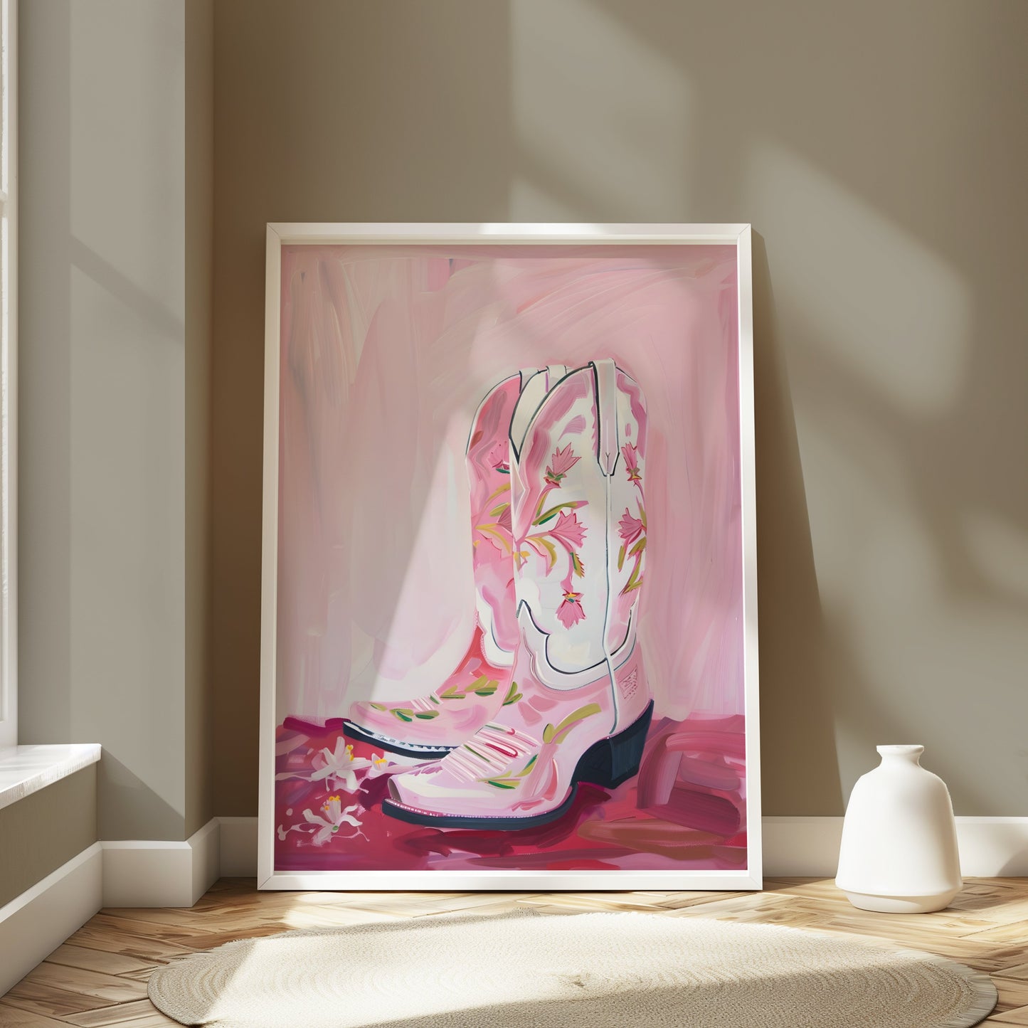 Premium Poster of Hand-painted Pink Cowboy Boots with Floral Design Posters