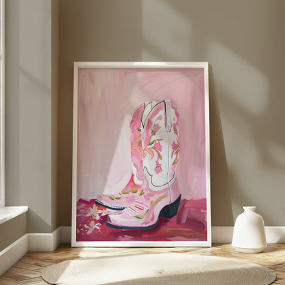 Premium Poster of Hand-painted Pink Cowboy Boots with Floral Design Posters