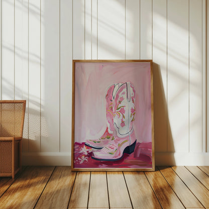 Premium Poster of Hand-painted Pink Cowboy Boots with Floral Design Posters