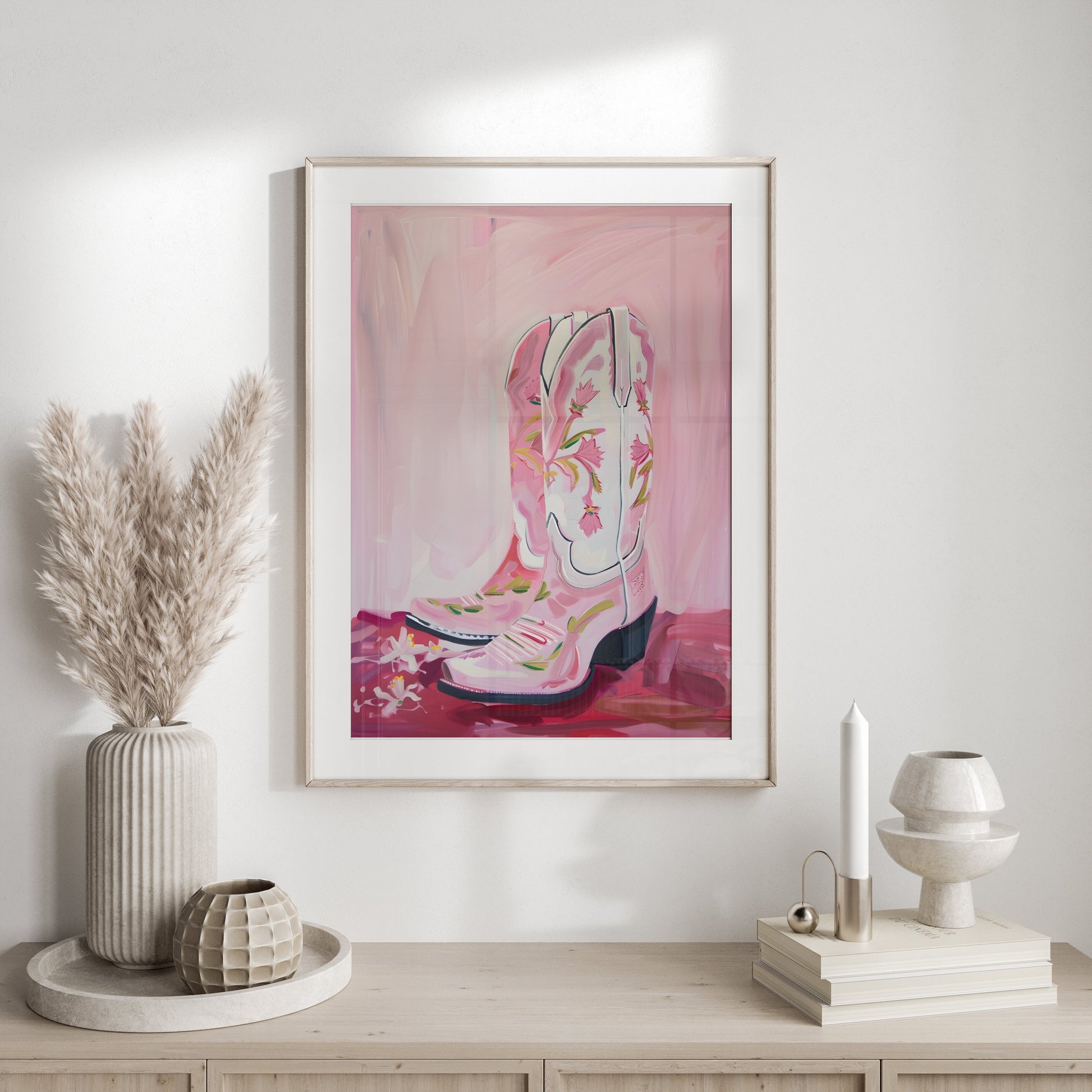 Premium Poster of Hand-painted Pink Cowboy Boots with Floral Design Posters