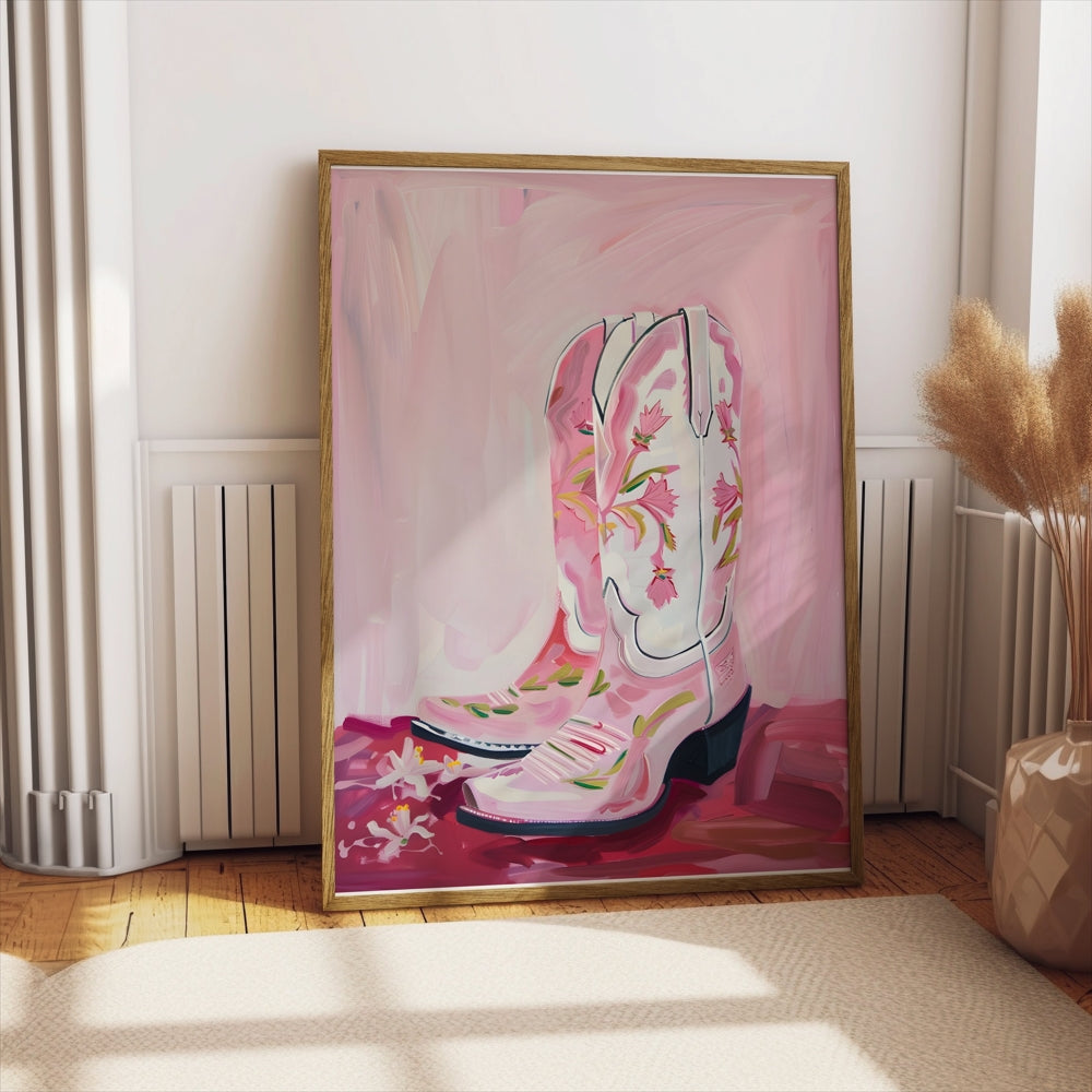 Premium Poster of Hand-painted Pink Cowboy Boots with Floral Design Posters