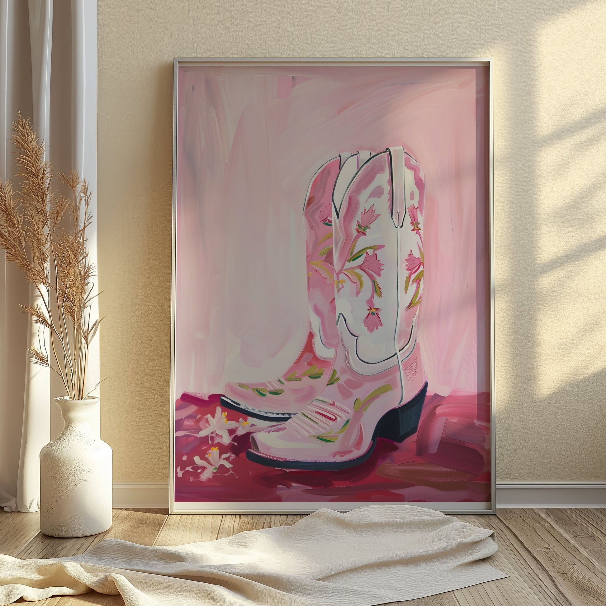 Premium Poster of Hand-painted Pink Cowboy Boots with Floral Design Posters