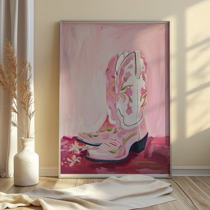 Premium Poster of Hand-painted Pink Cowboy Boots with Floral Design Posters