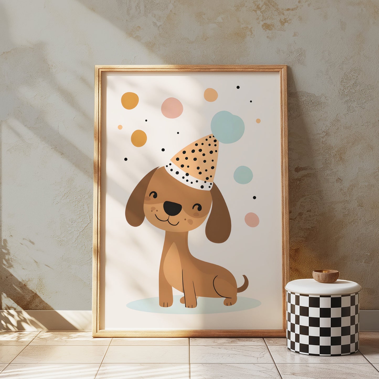 Premium Poster of Happy Dog in Party Hat with Colorful Bubbles Posters