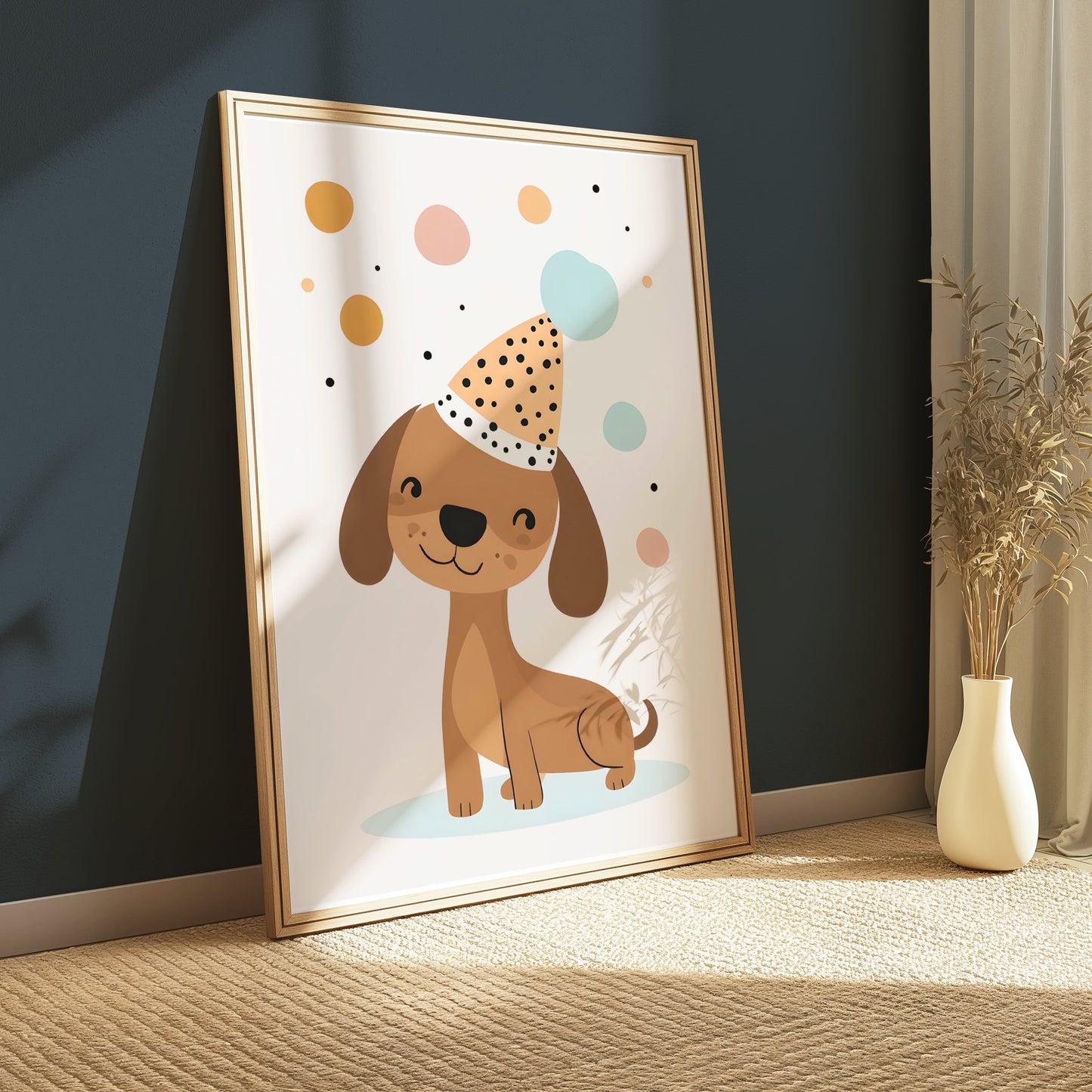 Premium Poster of Happy Dog in Party Hat with Colorful Bubbles Posters