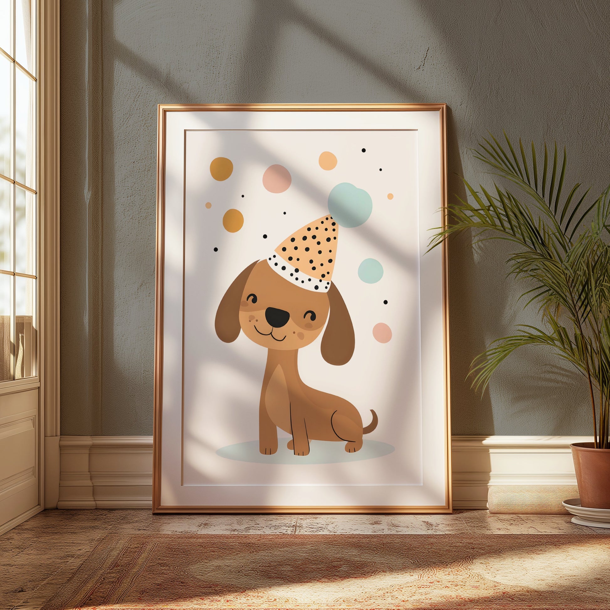Premium Poster of Happy Dog in Party Hat with Colorful Bubbles Posters