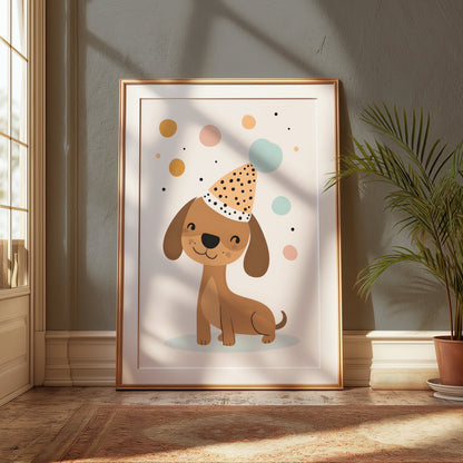 Premium Poster of Happy Dog in Party Hat with Colorful Bubbles Posters