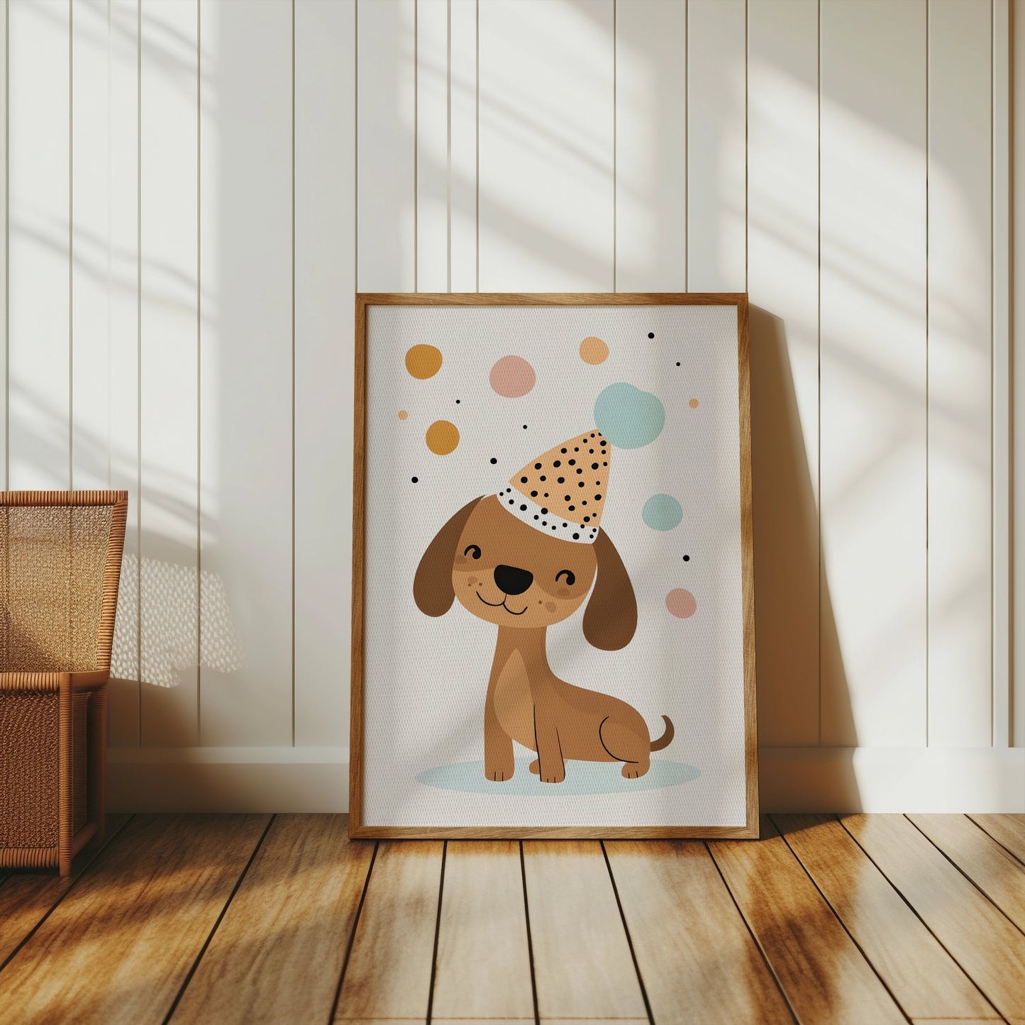 Premium Poster of Happy Dog in Party Hat with Colorful Bubbles Posters