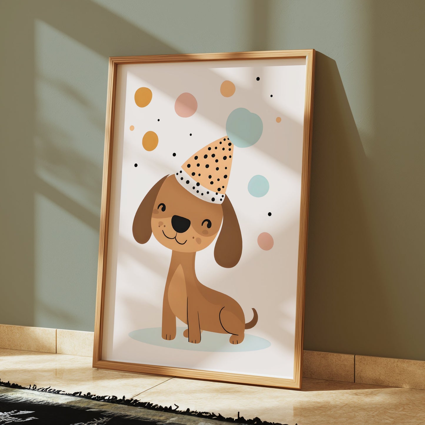 Premium Poster of Happy Dog in Party Hat with Colorful Bubbles Posters