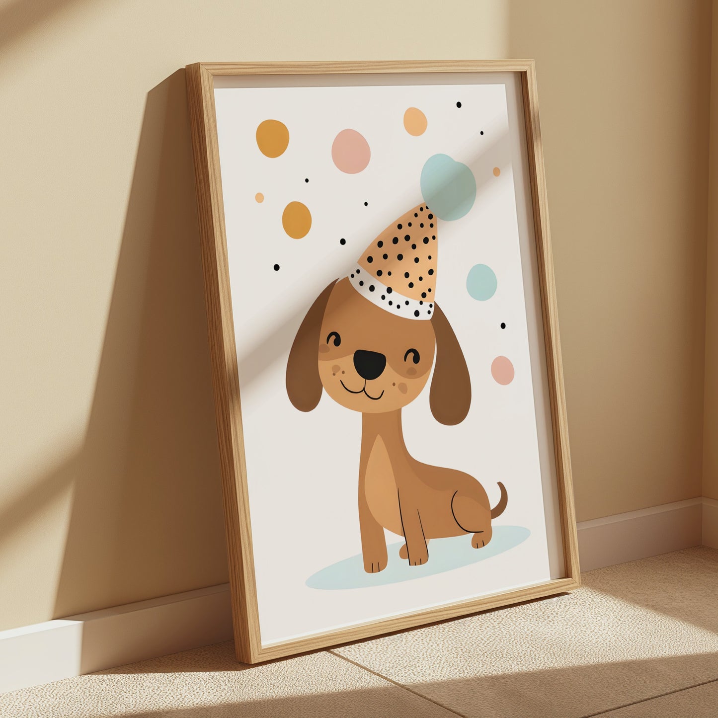 Premium Poster of Happy Dog in Party Hat with Colorful Bubbles Posters
