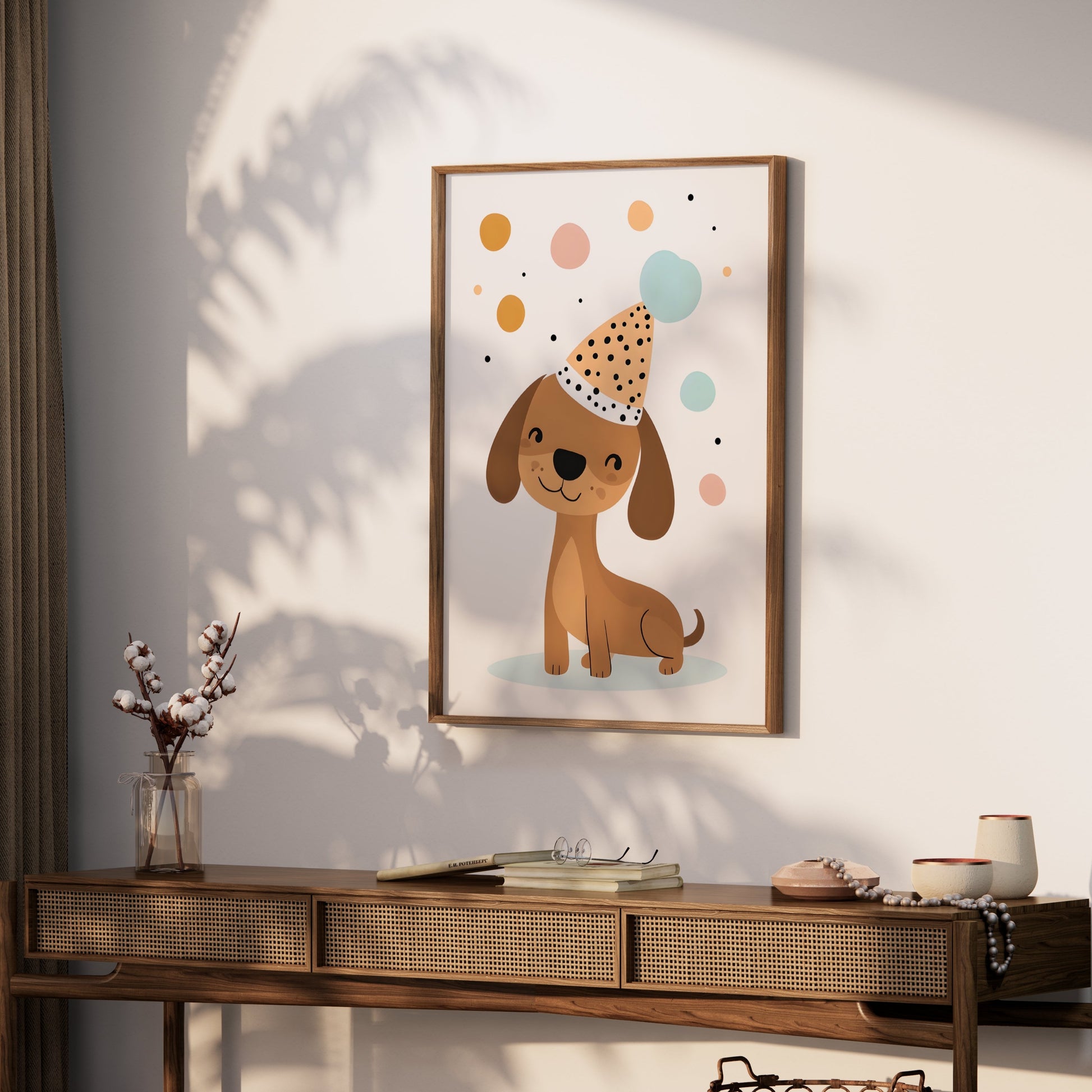Premium Poster of Happy Dog in Party Hat with Colorful Bubbles Posters