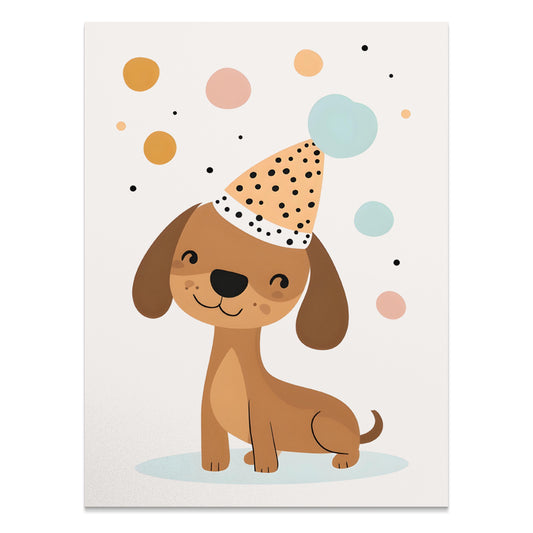 Premium Poster of Happy Dog in Party Hat with Colorful Bubbles Posters