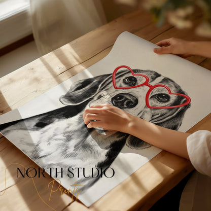 Premium Poster of Happy Dog with Heart Shaped Glasses Art Posters