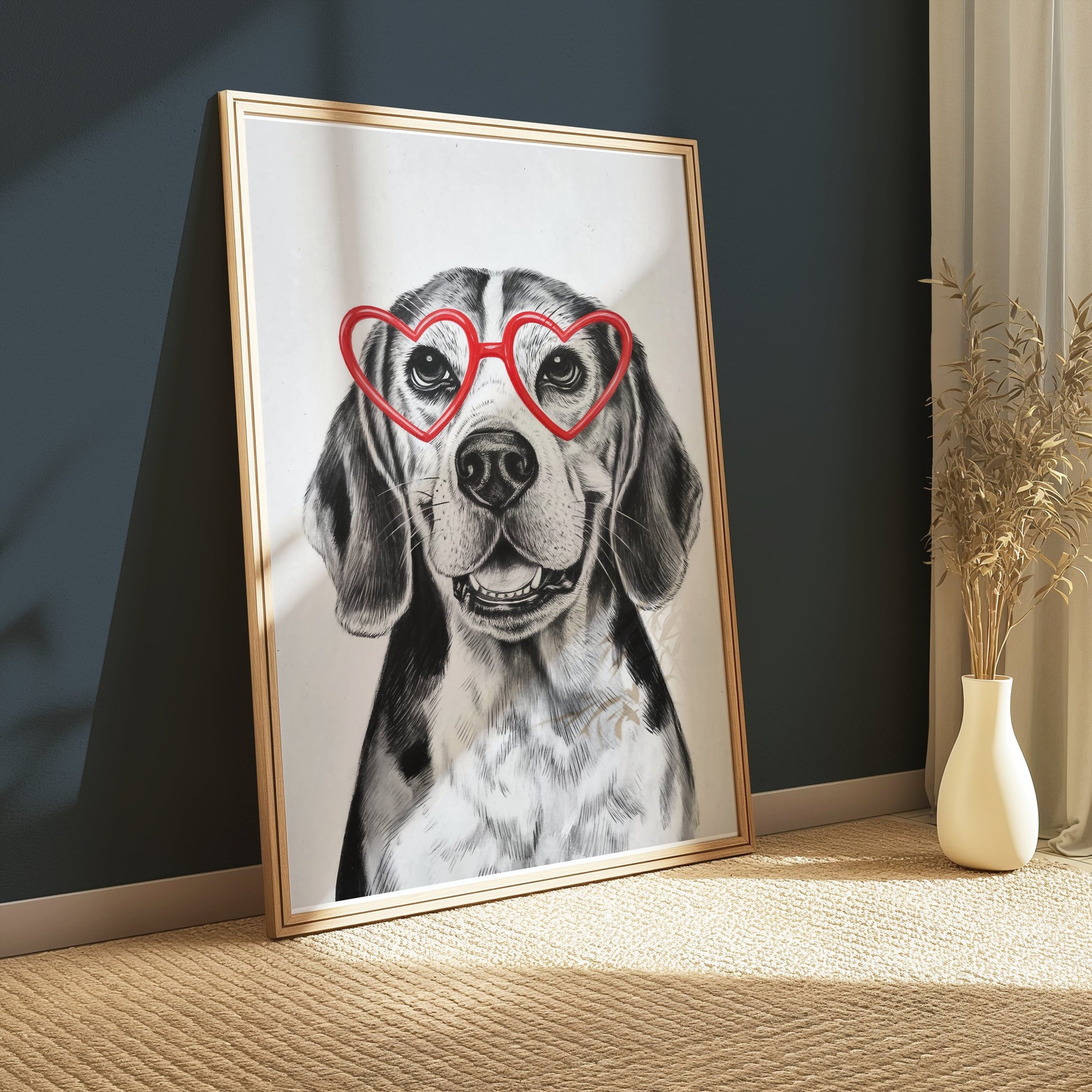 Premium Poster of Happy Dog with Heart Shaped Glasses Art Posters