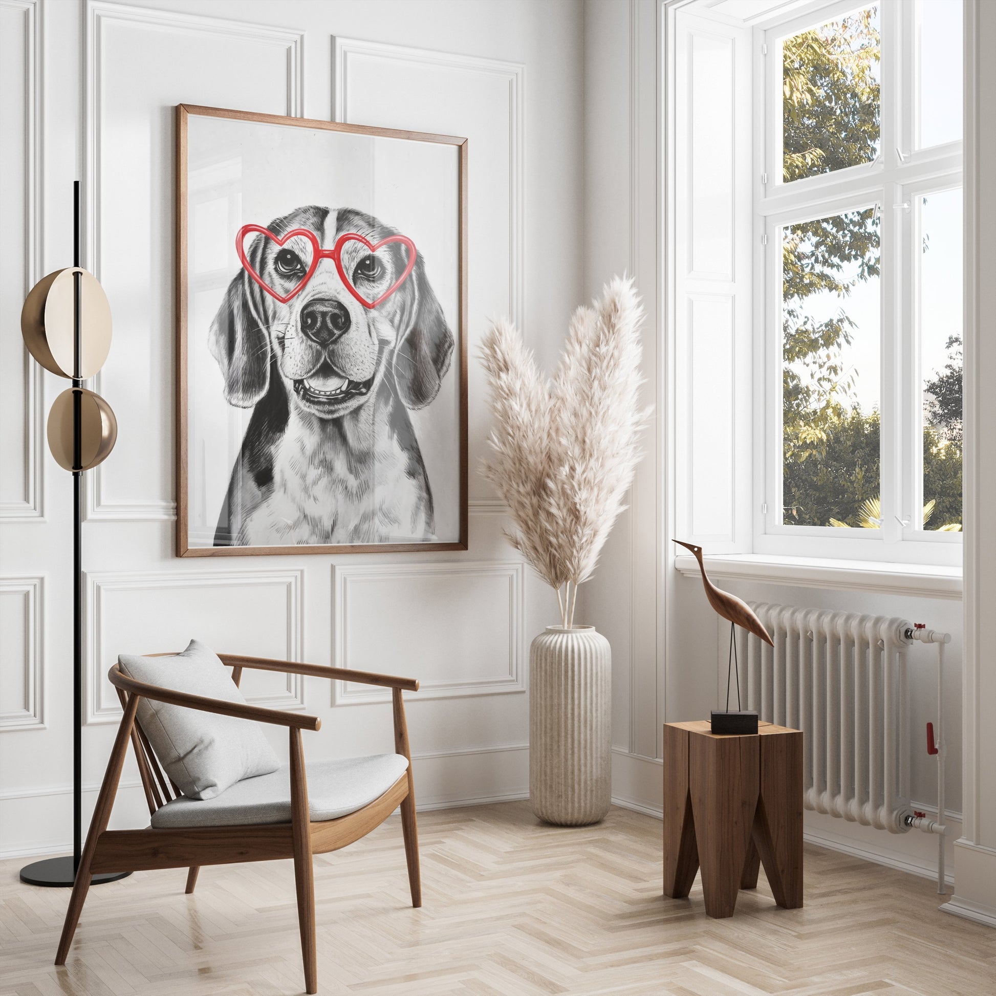 Premium Poster of Happy Dog with Heart Shaped Glasses Art Posters