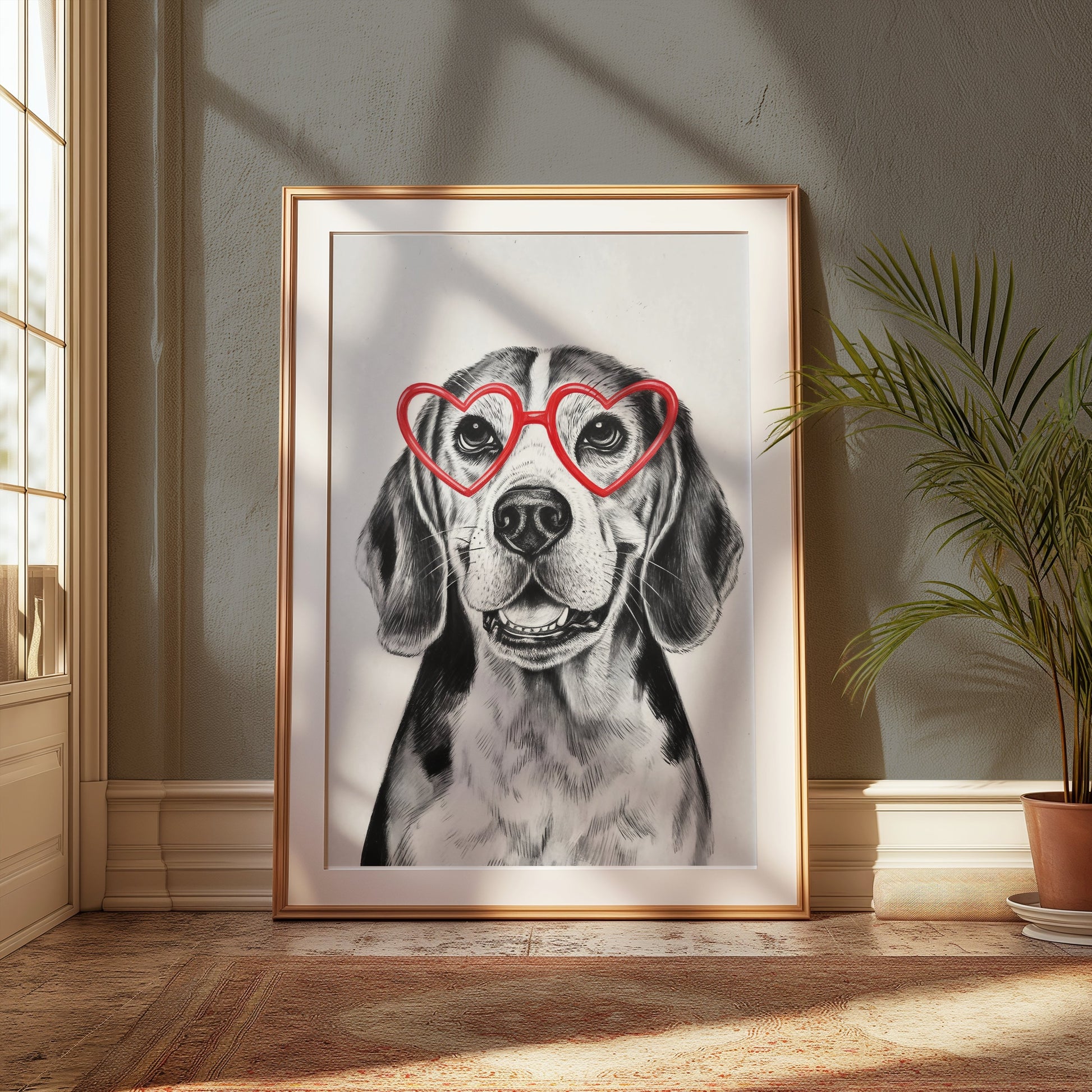 Premium Poster of Happy Dog with Heart Shaped Glasses Art Posters