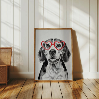 Premium Poster of Happy Dog with Heart Shaped Glasses Art Posters