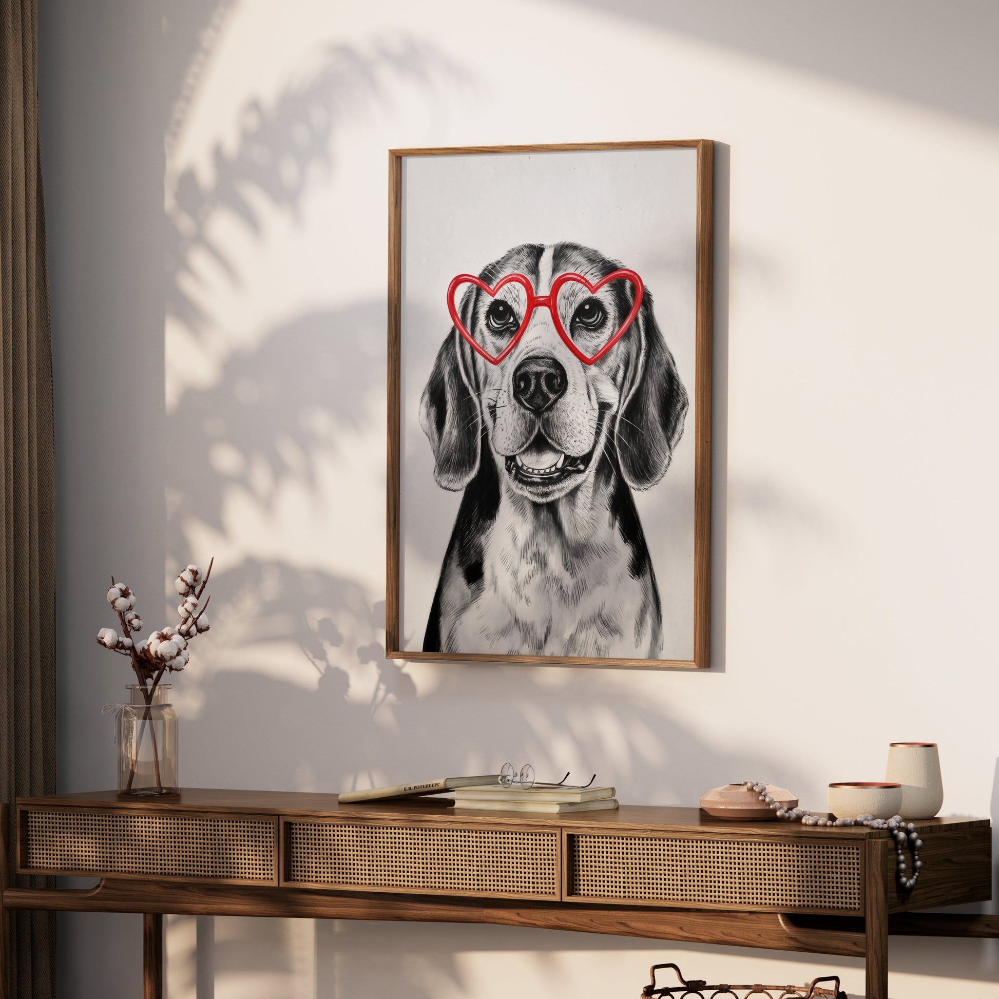 Premium Poster of Happy Dog with Heart Shaped Glasses Art Posters