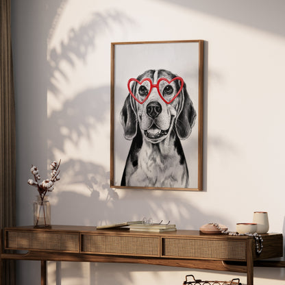Premium Poster of Happy Dog with Heart Shaped Glasses Art Posters