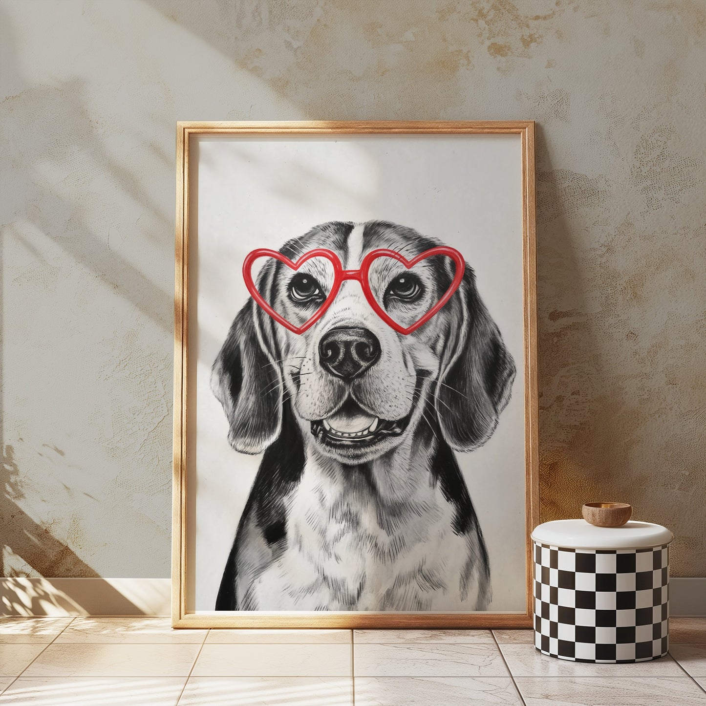 Premium Poster of Happy Dog with Heart Shaped Glasses Art Posters
