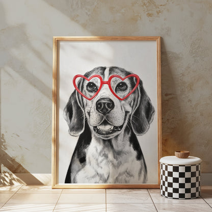 Premium Poster of Happy Dog with Heart Shaped Glasses Art Posters