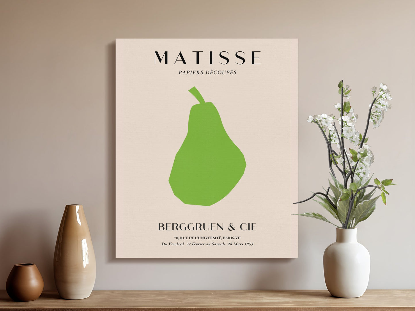 Henri Matisse art poster canvas wrap displayed in a modern setting with vases and flowers, perfect for contemporary home decor.