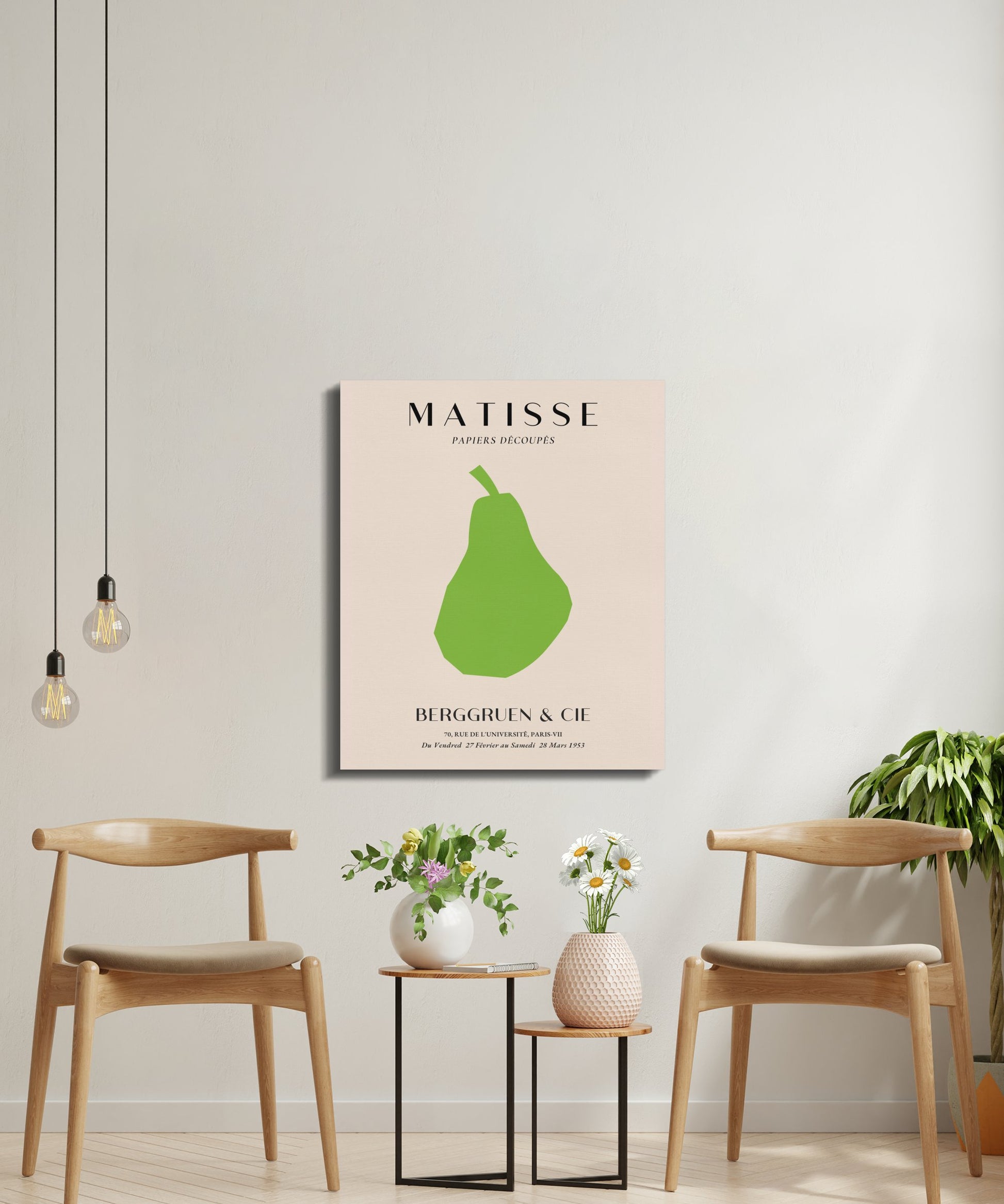 Henri Matisse art poster canvas wrap in a minimalist room with chairs and plants, enhancing modern and elegant wall decor.
