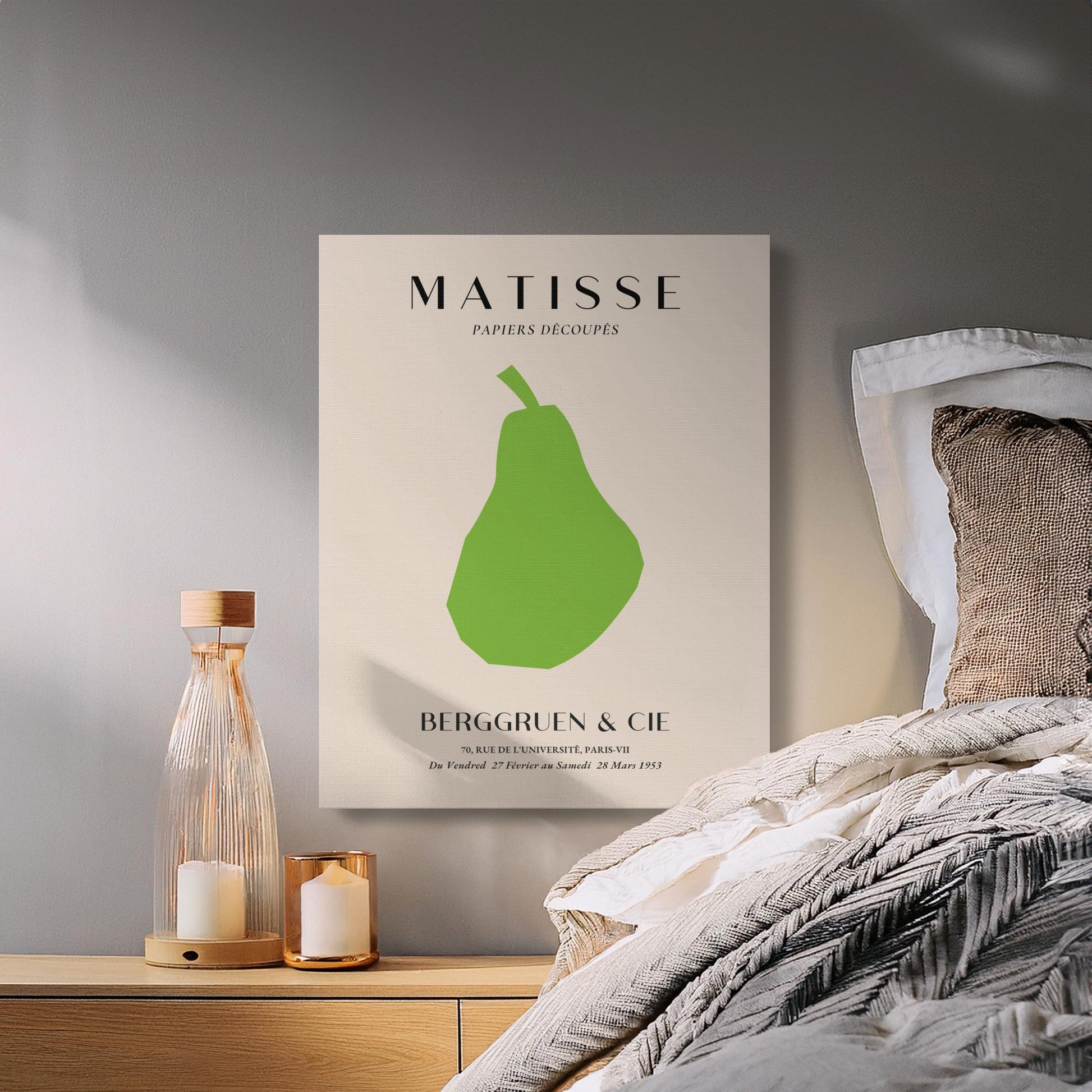 Henri Matisse art poster canvas wrap styled in a cozy bedroom with candles, adding a touch of fine art to modern decor.