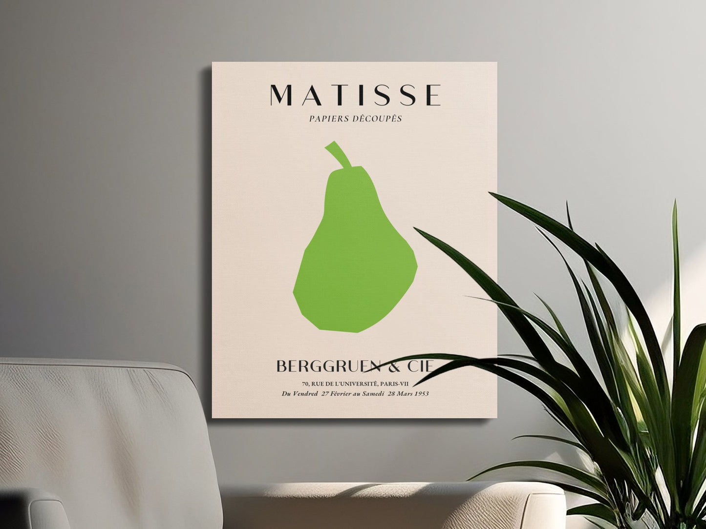 Henri Matisse art poster canvas wrap in a modern living room with plants, showcasing abstract art for elegant wall decor.