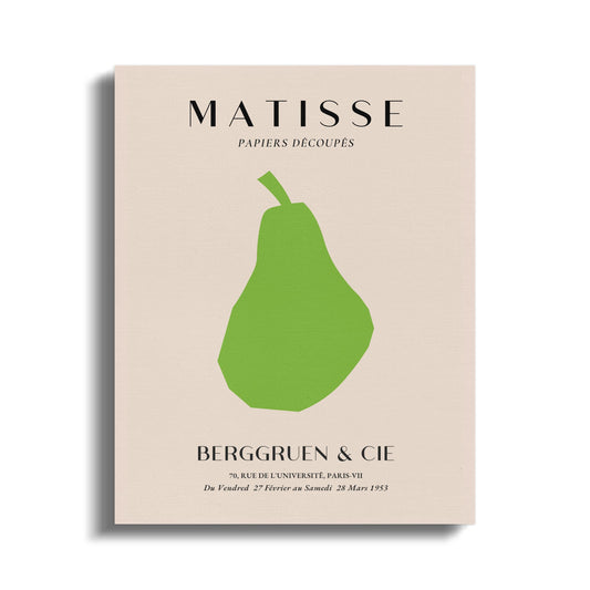 Henri Matisse art poster canvas wrap featuring a minimalist green pear on a beige background, ideal for modern decor and elegant wall art.