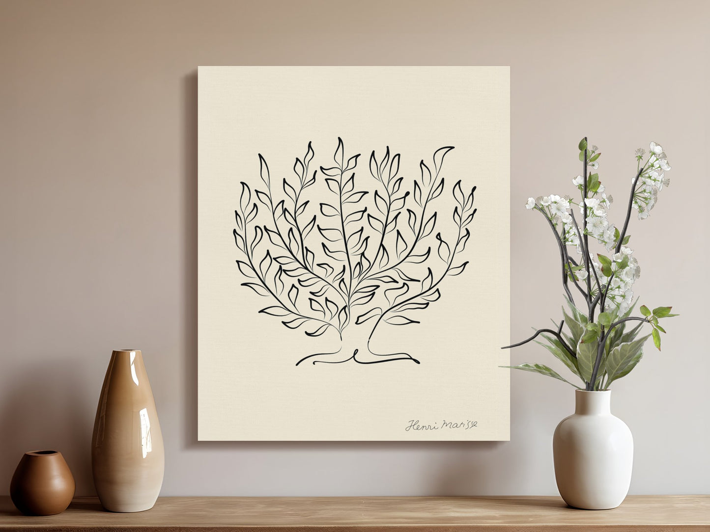 Henri Matisse artwork plant illustration canvas displayed in a neutral-toned room with vases and floral decor for elegant styling.