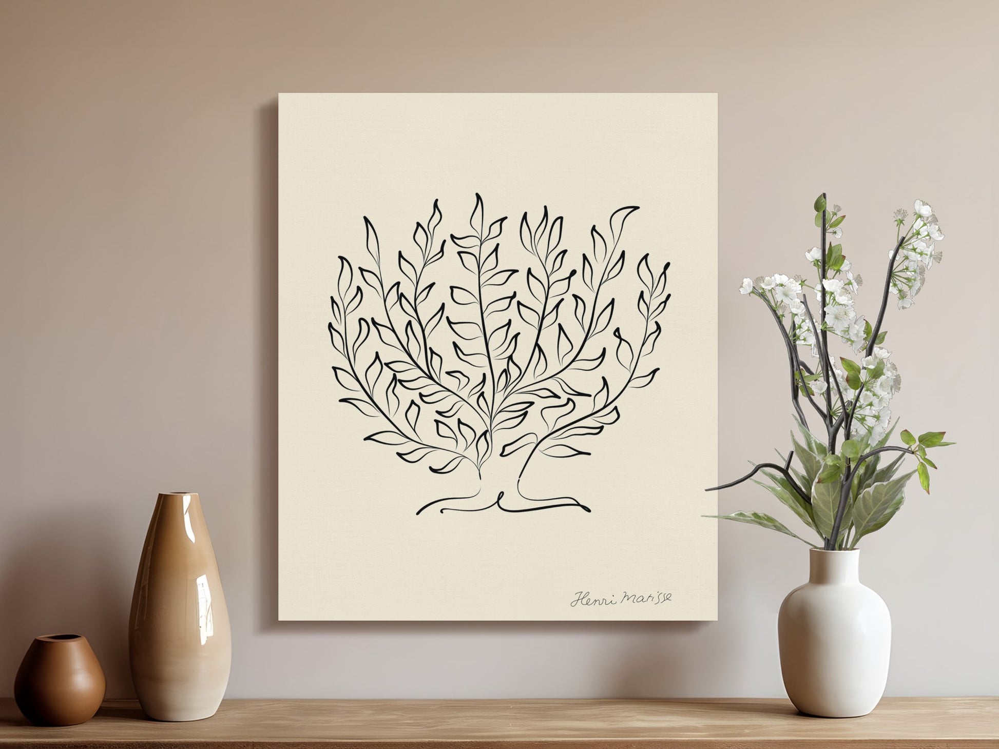 Henri Matisse artwork plant illustration canvas displayed in a neutral-toned room with vases and floral decor for elegant styling.