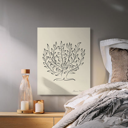 Plant illustration canvas wrap by Henri Matisse styled in a cozy bedroom with soft lighting and neutral bedding for modern decor.